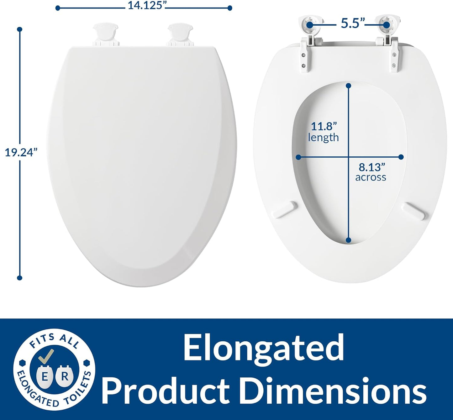 Bemis 1500EC Durable Wood Toilet Seat with Easy Clean Hinges, Made in USA, Elongated, White