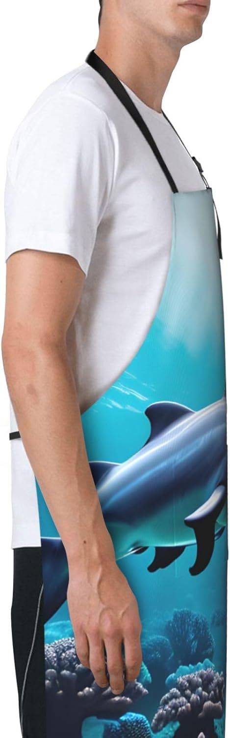 Beautiful Underwater World Dolphins Coral Print 28x33 In Adult Kitchen Apron with Pockets Versatile Chef Smock for Cooking Baking
