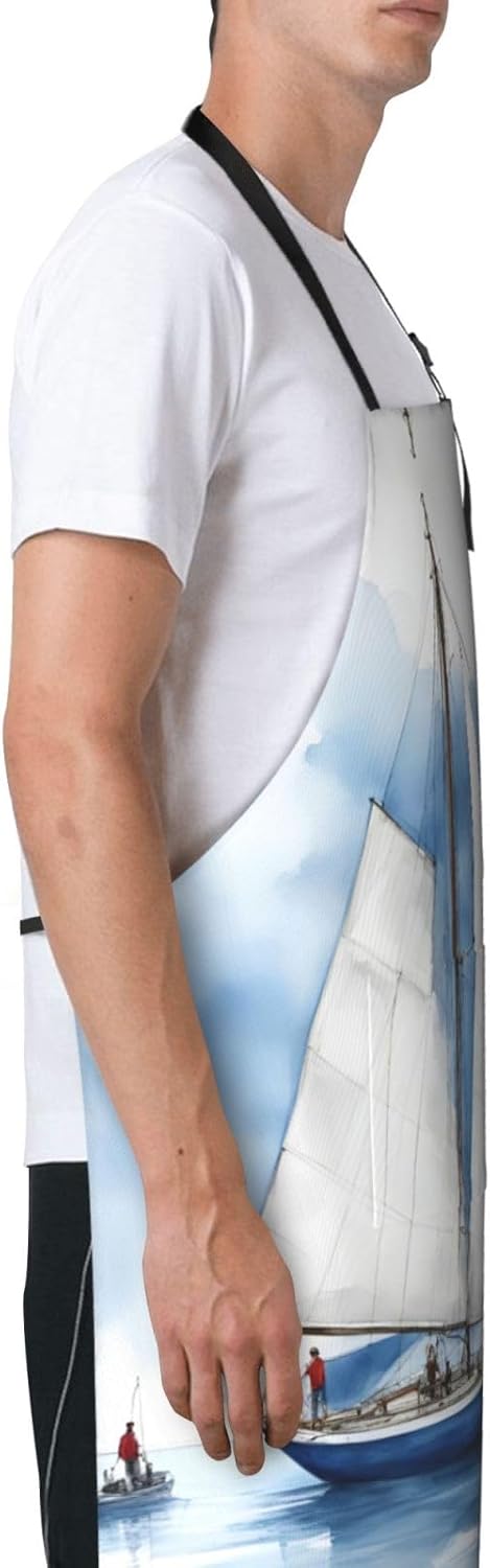 Blue Sailboat 1 print Waterproof chef's apron with pocket apron for ki