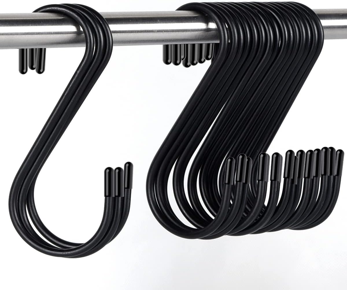 30 Pack S Hooks, 3.54 In Matte Black Heavy Duty Metal S Hooks Can with Stand, Up to 33 lbs, For Kitchen, Office, Garden or Outdoor, Hanging Plants, Clothes, Pots, Pans, Cups, Bags, Jewelry, Towels