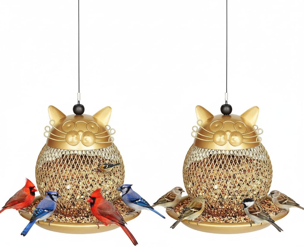 Cat Grandpa Wild Bird Feeder Squirrel Proof Hanging Bird Feeder for Outside, Peanut and All Kinds of Seeds,Yard Garden Decor,Set of 2, Color: Gold