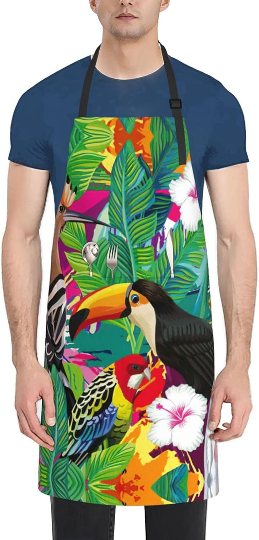 Tropical Birds and Plant Leaf Print Laundry apron 28x33 In Waterproof Kitchen Apron with Pockets for Cooking Baking