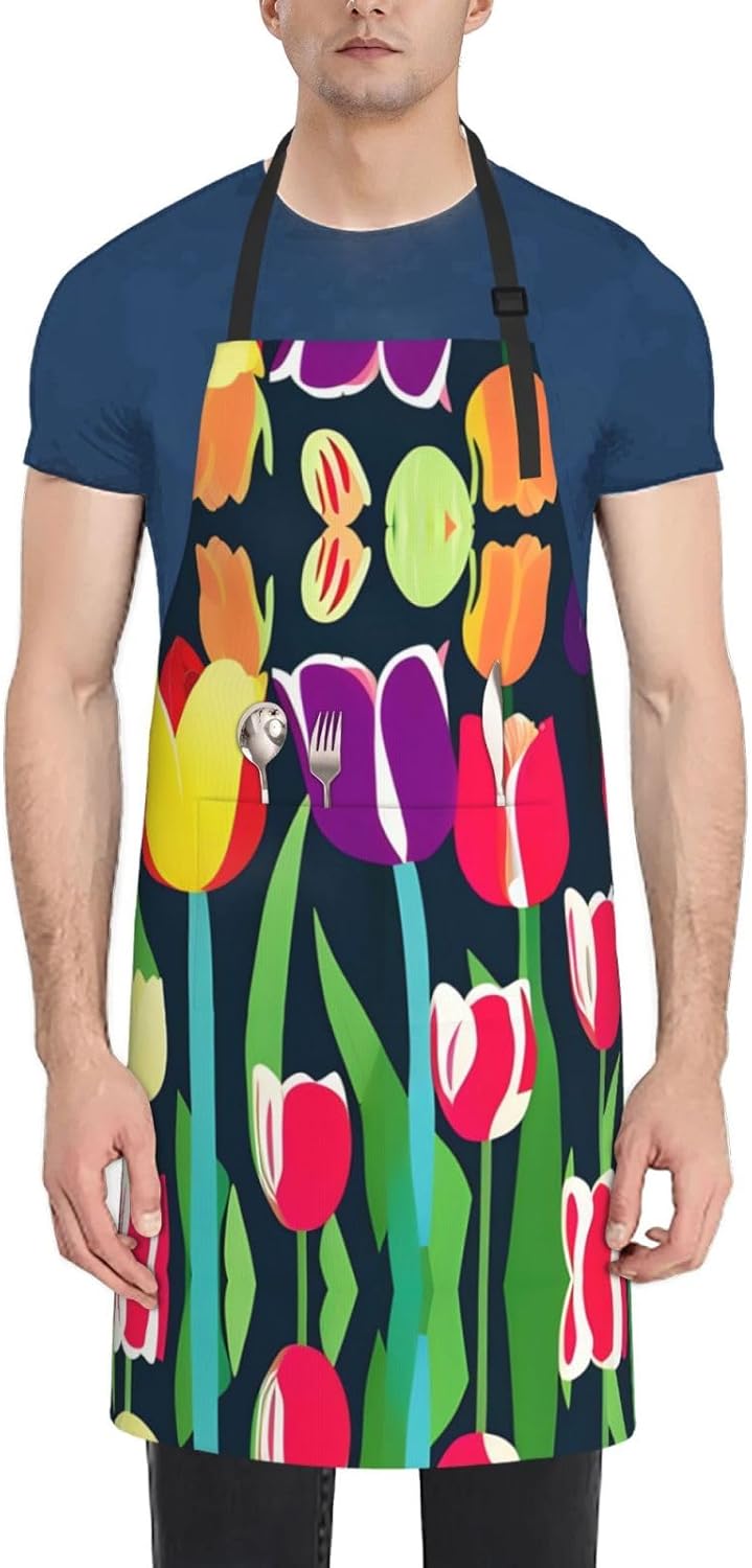 Colorful Tulips Print 28x33 In Adult Kitchen Apron with Pockets Versatile Chef Smock for Cooking Baking