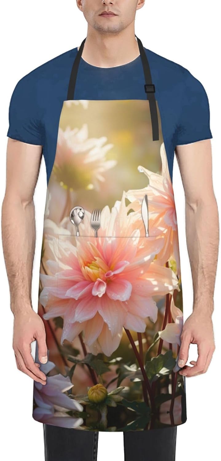 Flower print Waterproof apron with pocket adjustable cooking apron for