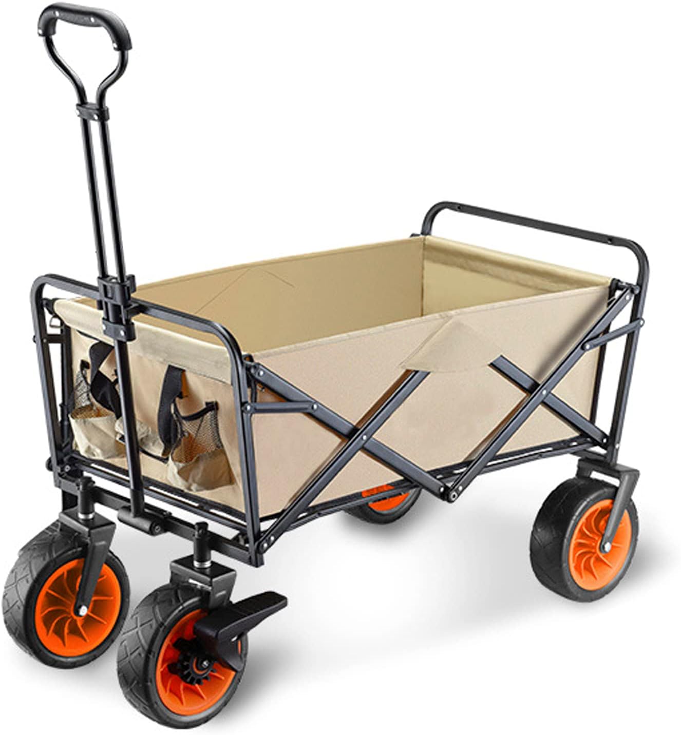 Heavy Duty Collapsible Folding Wagon Cart - Portable Outdoor Beach Utility Cart with All-Terrain Wheels for Gardening, Camping, Fishing, Shopping & Sports - Khaki