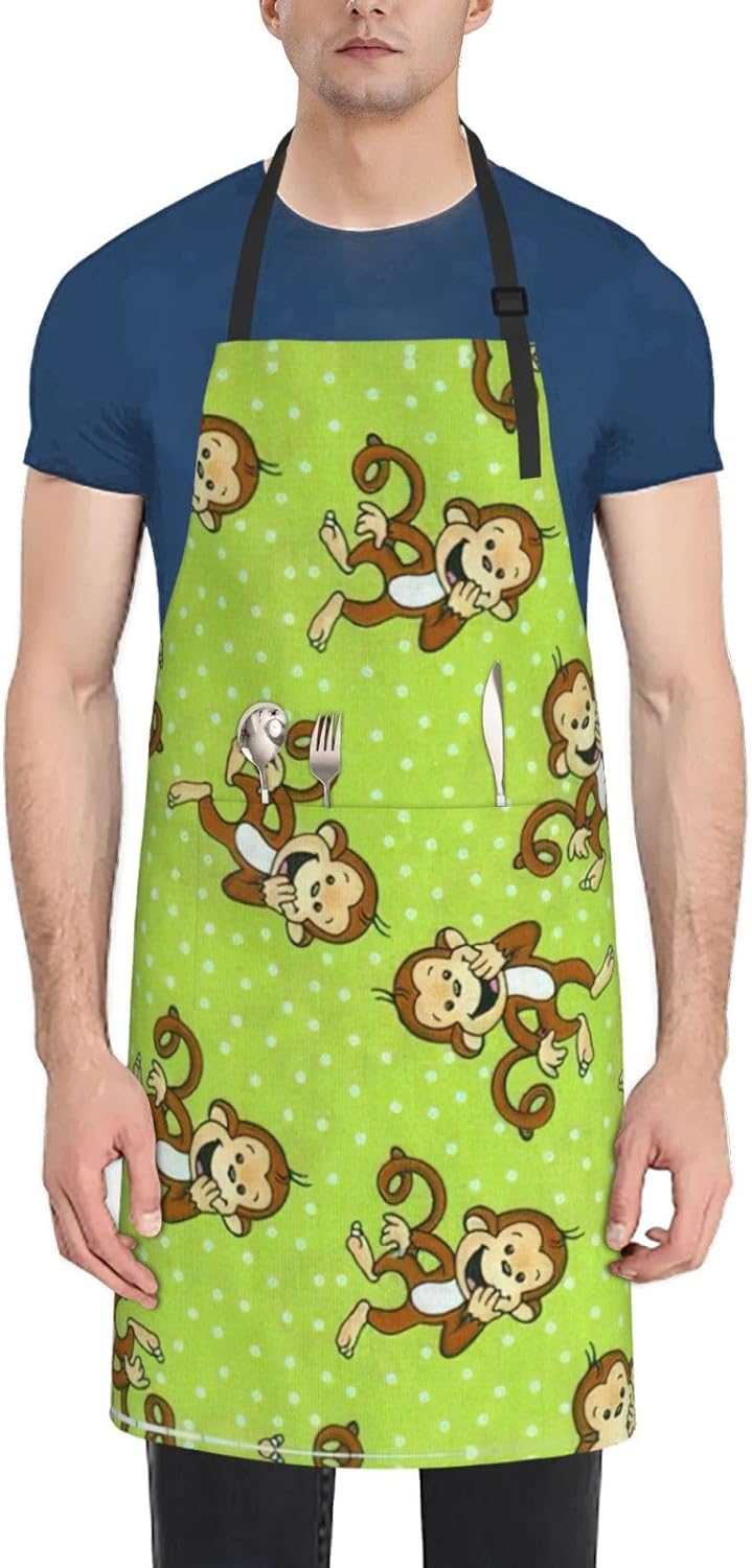 Green Clever Monkey Print Laundry apron 28x33 In Waterproof Kitchen Apron with Pockets for Cooking Baking