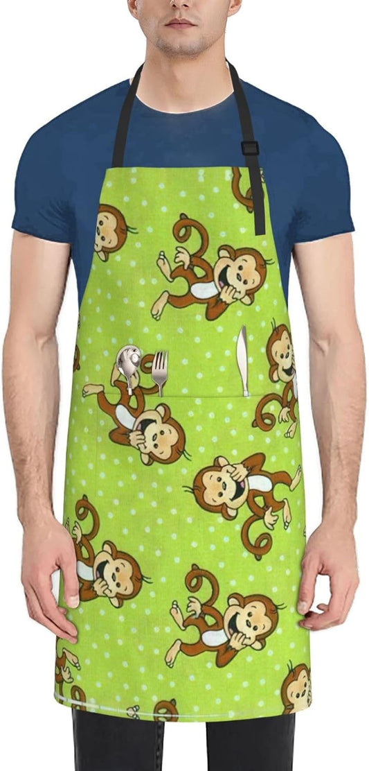 Green Clever Monkey Print Laundry apron 28x33 In Waterproof Kitchen Apron with Pockets for Cooking Baking