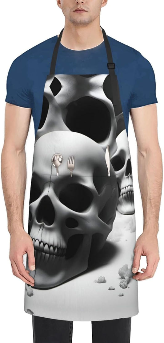 Black and white skulls print Waterproof chef's apron with pocket apron for kitchen cooking baking barbecue and gardening