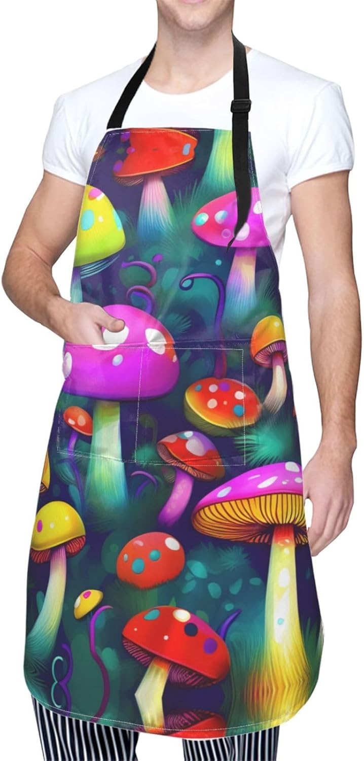 Bright Mushrooms Art print Waterproof apron with pocket adjustable cooking apron for adult kitchen bibs to bake