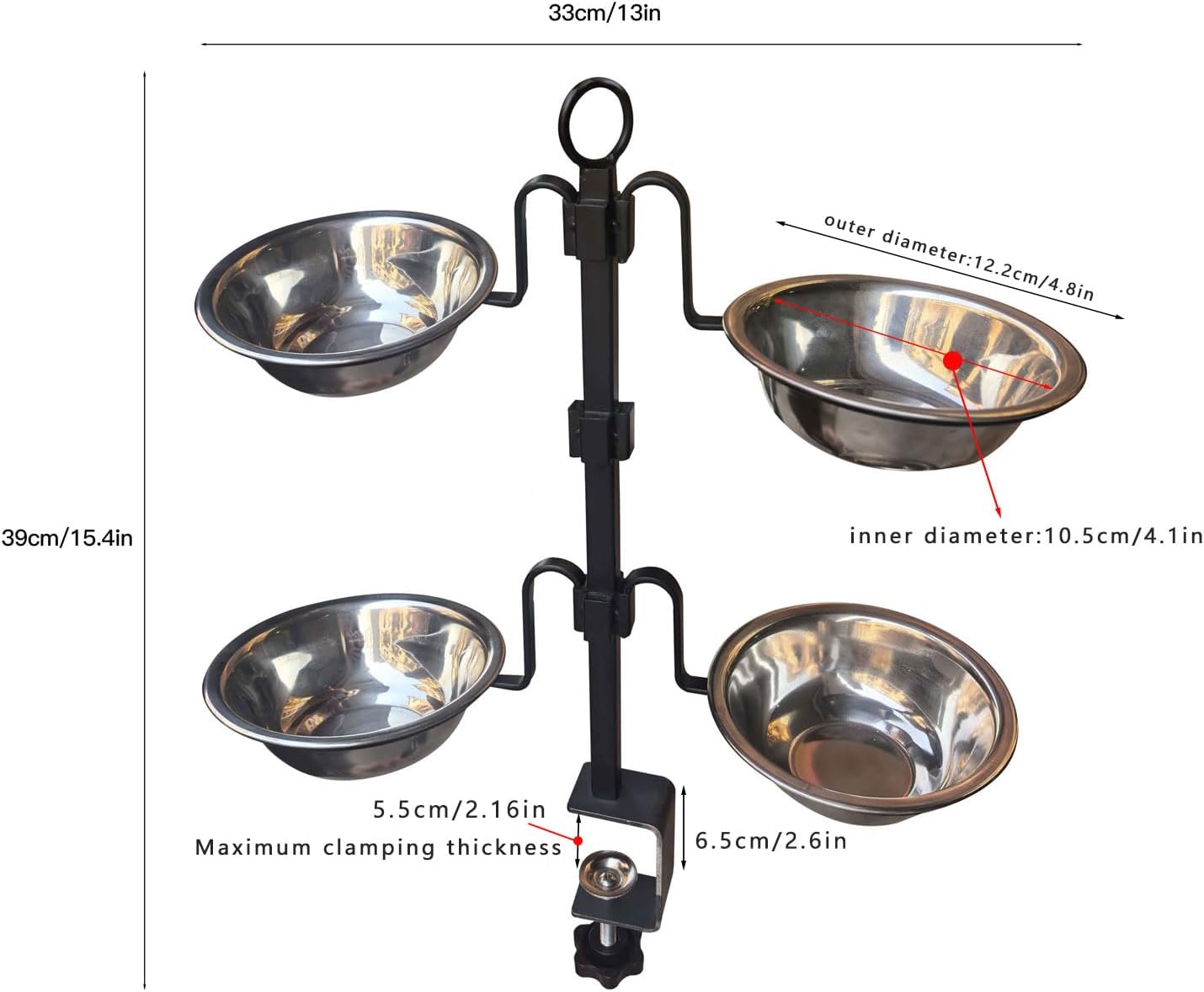 Deck Bird Feeder, 3-Tier Adjustable Railing Clamp-On Feeder with Four Stainless Steel Bowls for Balcony Patio Outdoor Use
