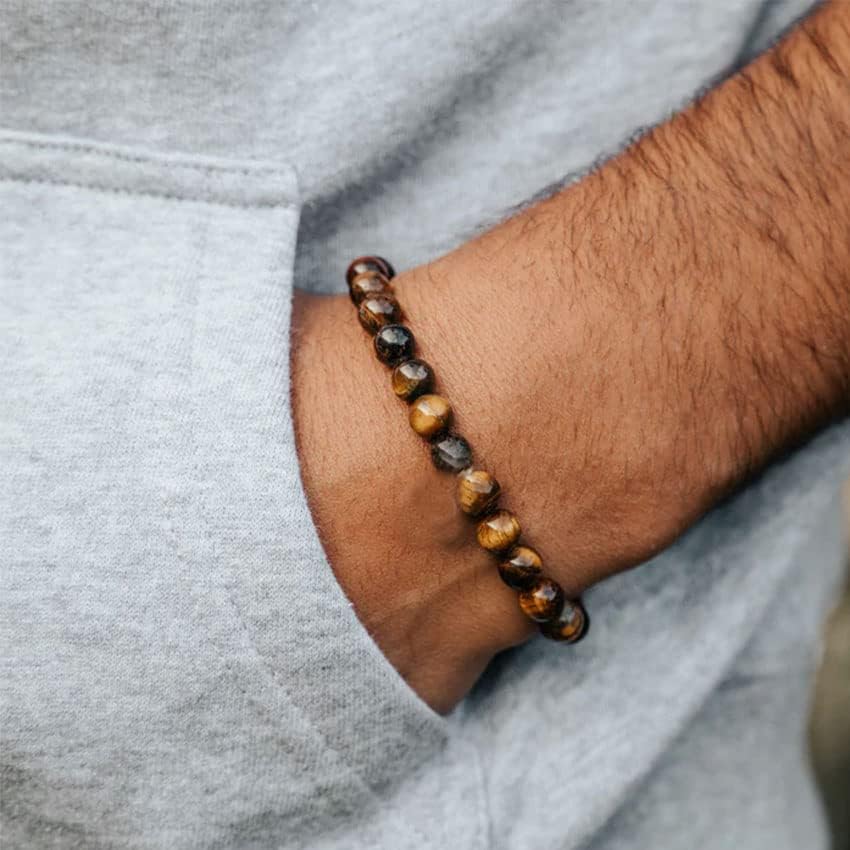 RANKEEF Tiger Eye Bracelet For Men 8MM Natural Stone Stretch Adjustabl