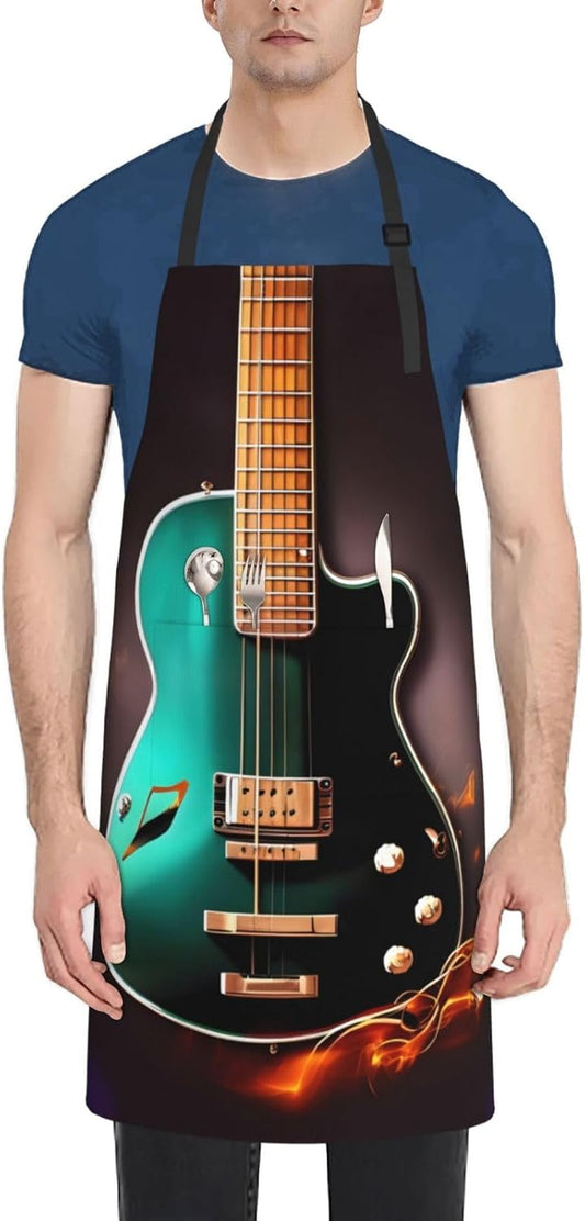 Music Green Guitar print Waterproof apron with pocket adjustable cooking apron for adult kitchen bibs to bake