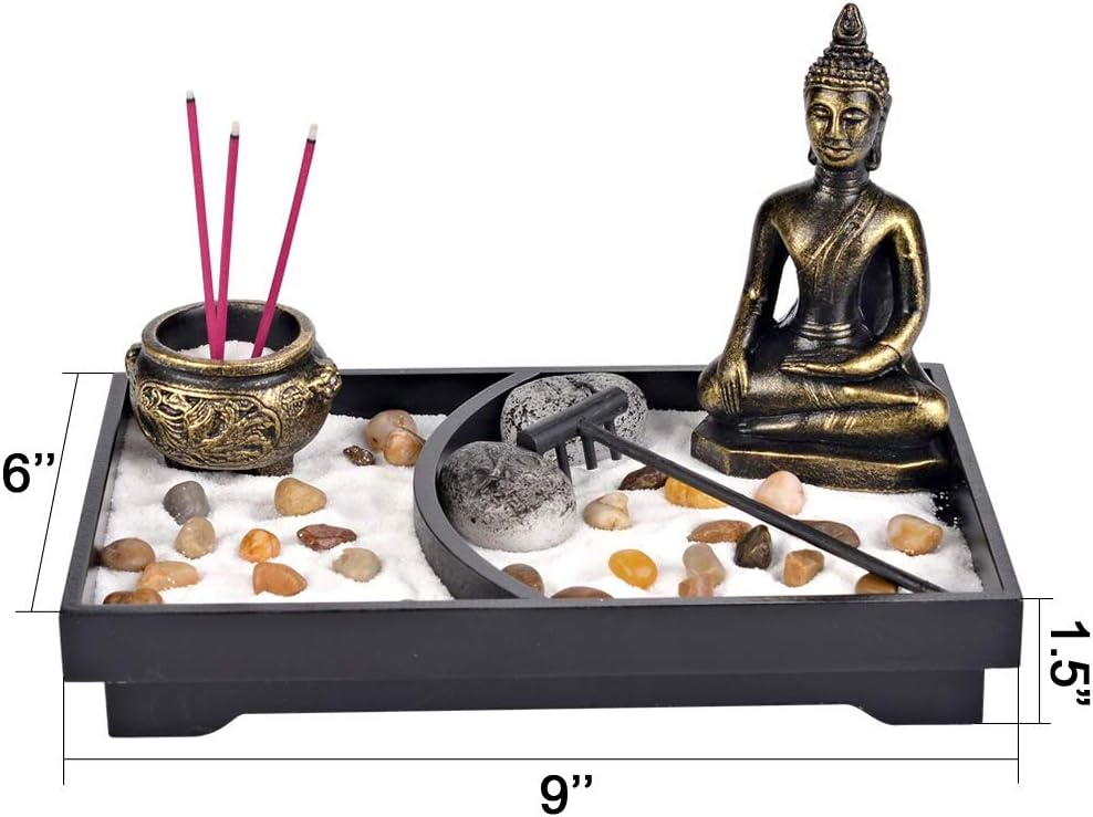 Royal Brands Zen Garden with Buddha, Rake, Rock Candle, and Incense Holder – Peace and Tranquility (9"x6"x7")