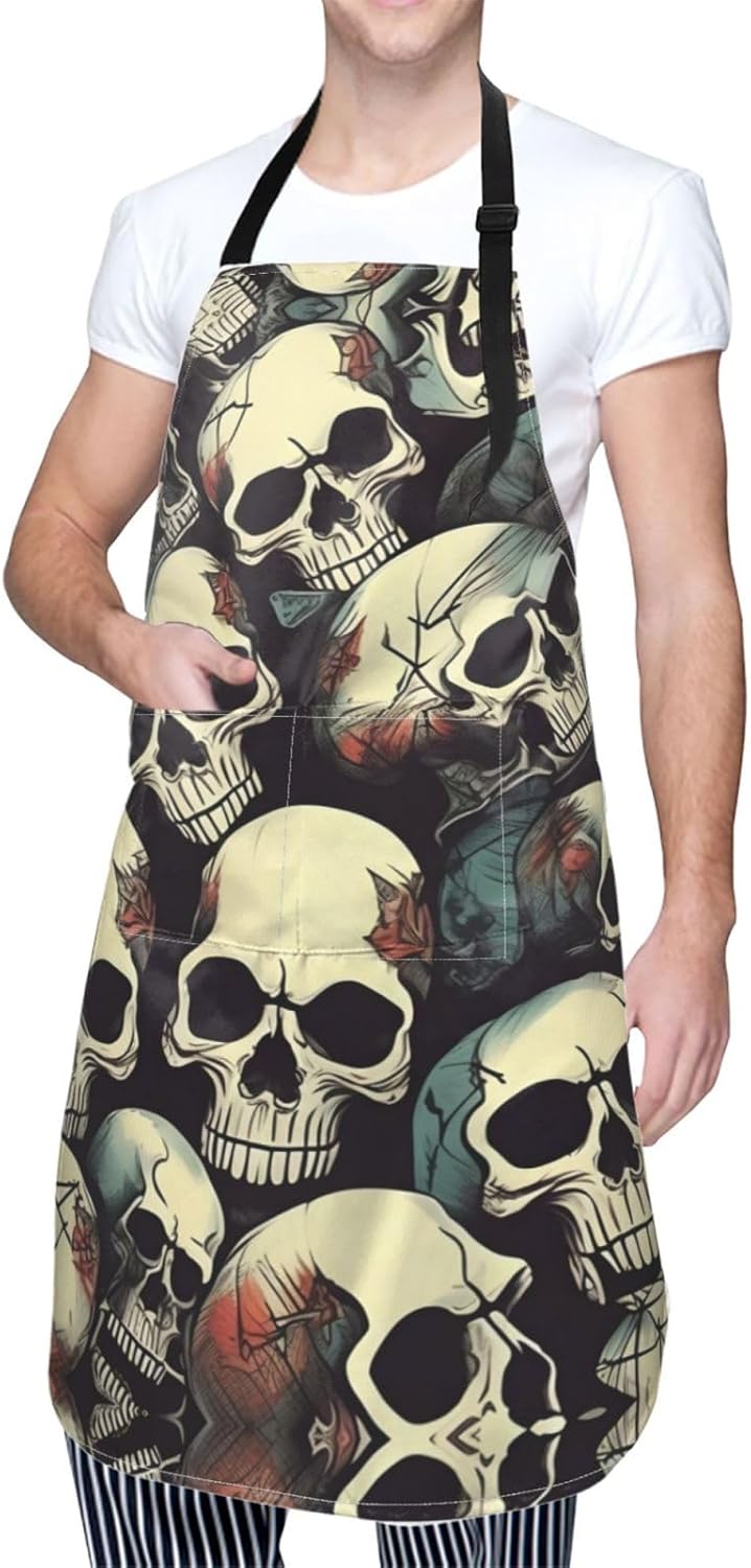 Skull Skeleton Print 28x33 In Adult Kitchen Apron with Pockets Versatile Chef Smock for Cooking Baking