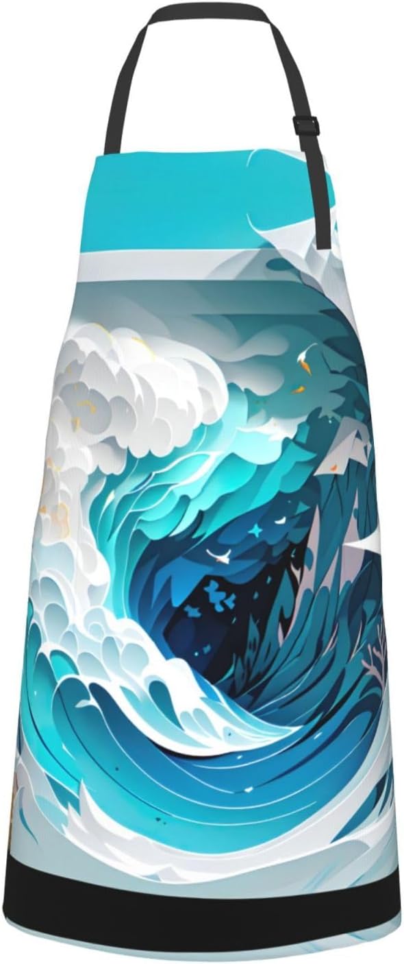 Ocean Wave print Waterproof chef's apron with pocket apron for kitchen