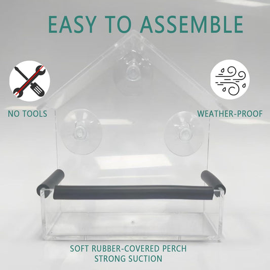 Window Bird Feeder with Strong Suction Cups & Fixed Seed Tray, Transparent Acrylic Birdfeeder for Outdoor (Balcony/Patio), for Wild & Pet Bird Watching Lovers (Small House)