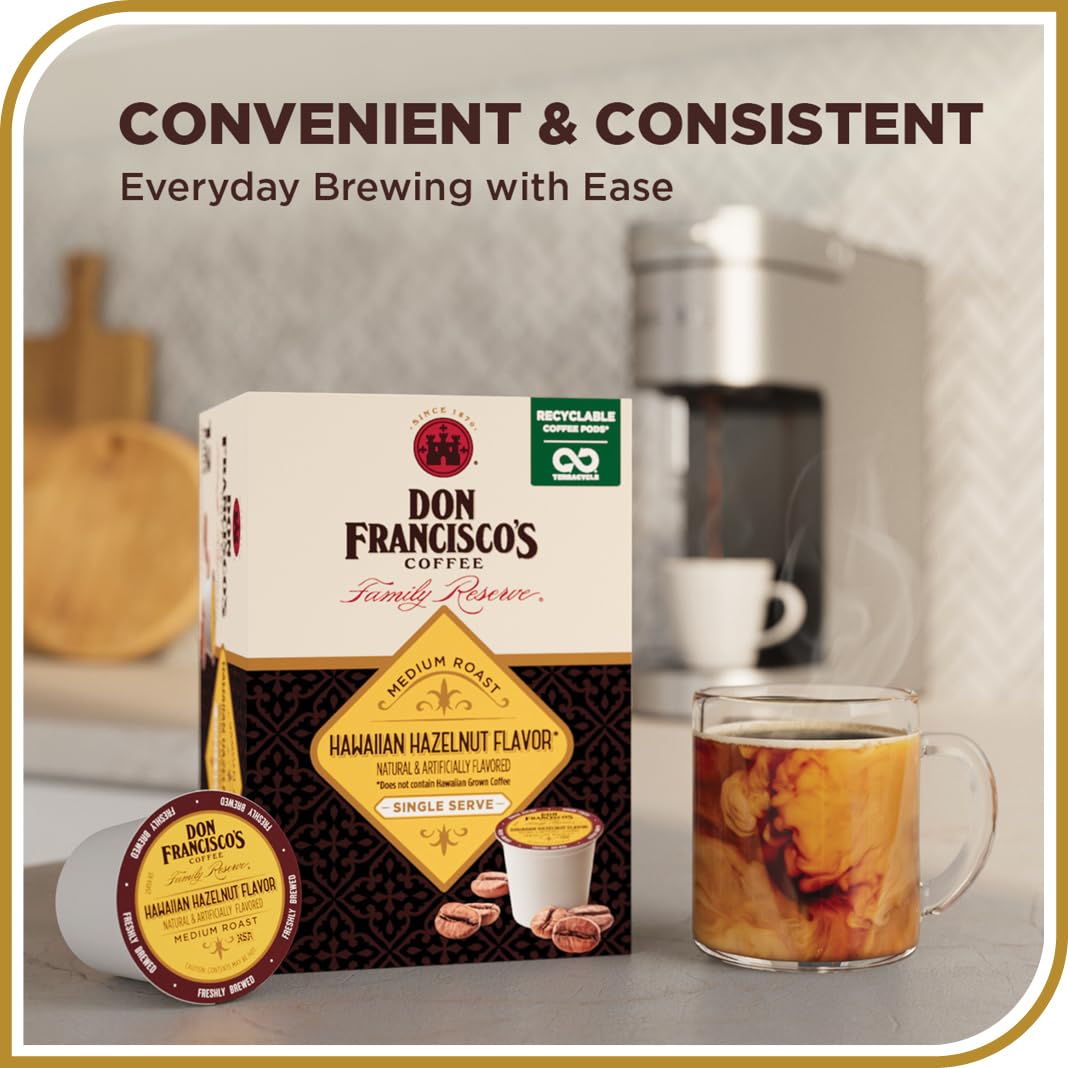 Don Francisco's Hawaiian Hazelnut Flavored Coffee Pods, 24 Count, Medium Roast, Compatible with Keurig Brewers