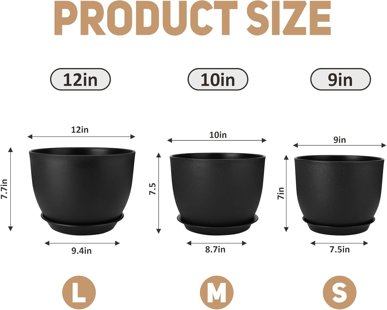 Plant Pots 12/10/9 inch Set of 3, Flower Pots with Multi Mesh Drainage