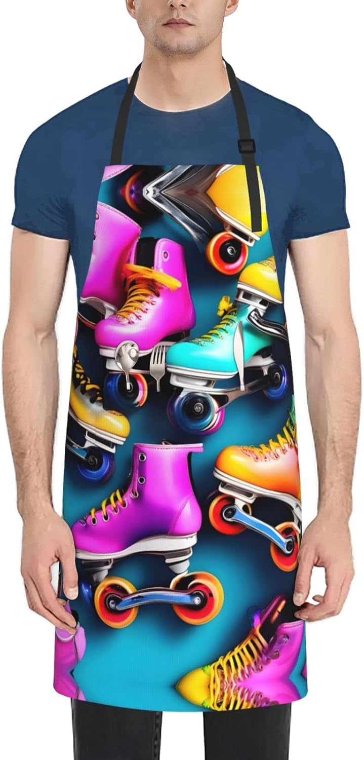 Colorful Roller Skates Print Laundry apron 28x33 In Waterproof Kitchen Apron with Pockets for Cooking Baking