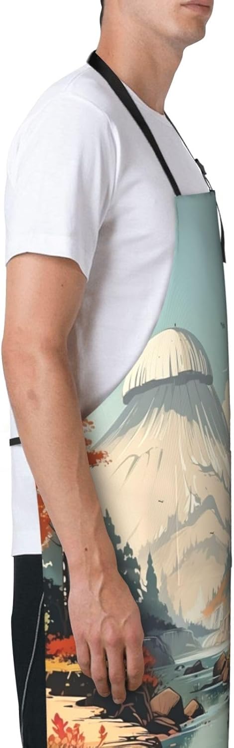 Japanese Painting mushroom print Waterproof apron with pocket adjustable cooking apron for adult kitchen bibs to bake