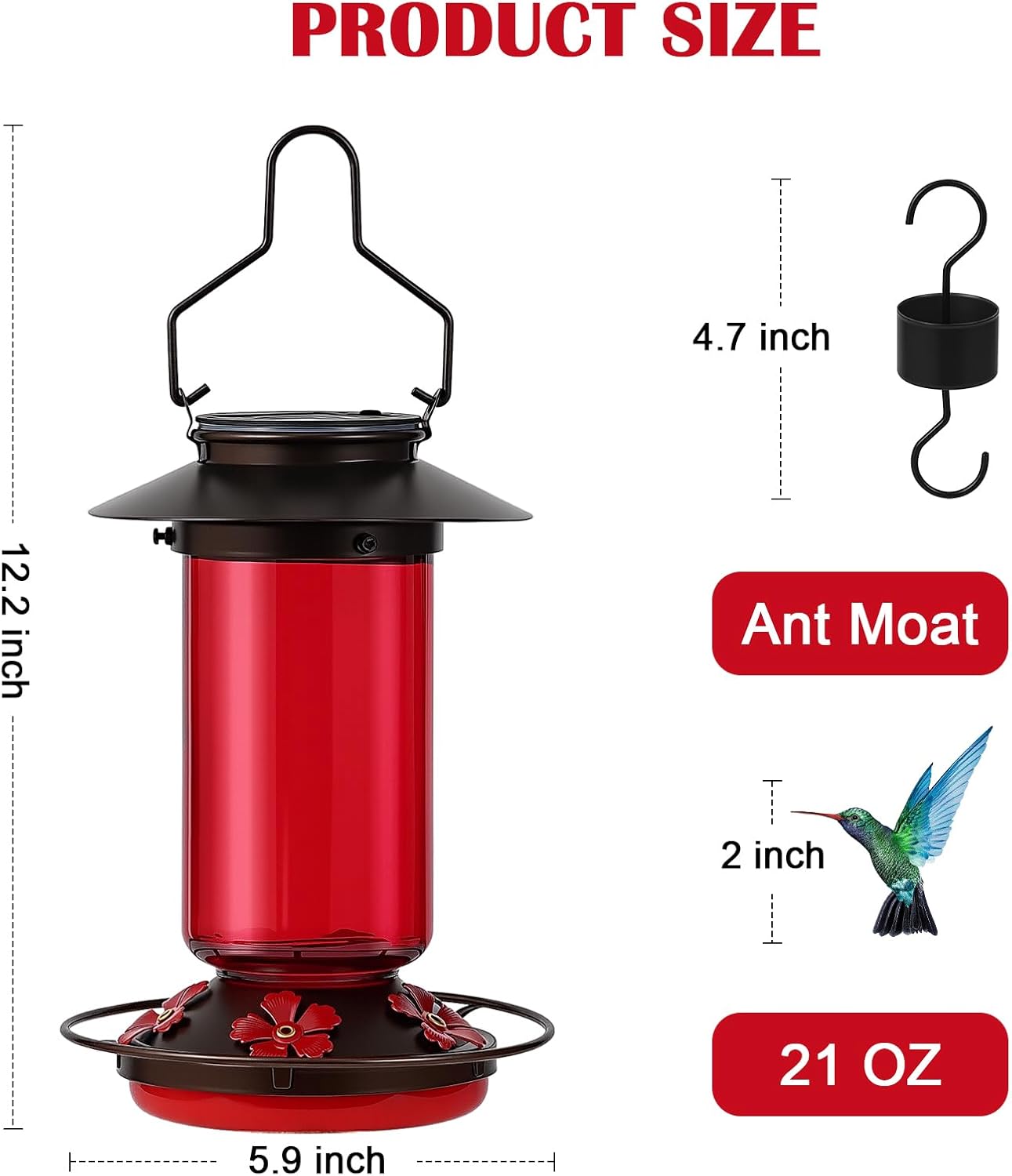 Solar Hummingbird Feeder for Outdoors Hanging Glass 21 Ounce with 5 Bee Guard Feeding Ports and Ant Moat, Leak-Proof, Red