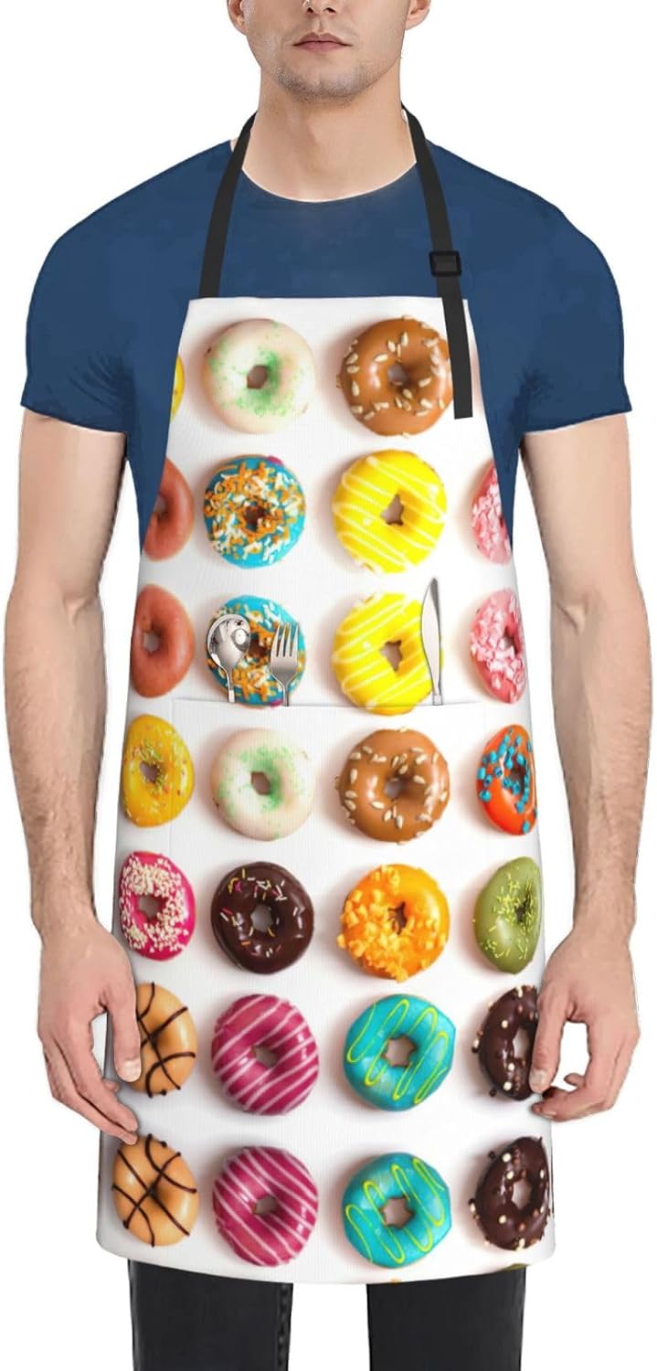 Different Flavors of Doughnuts print Waterproof apron with pocket adjustable cooking apron for adult kitchen bibs to bake