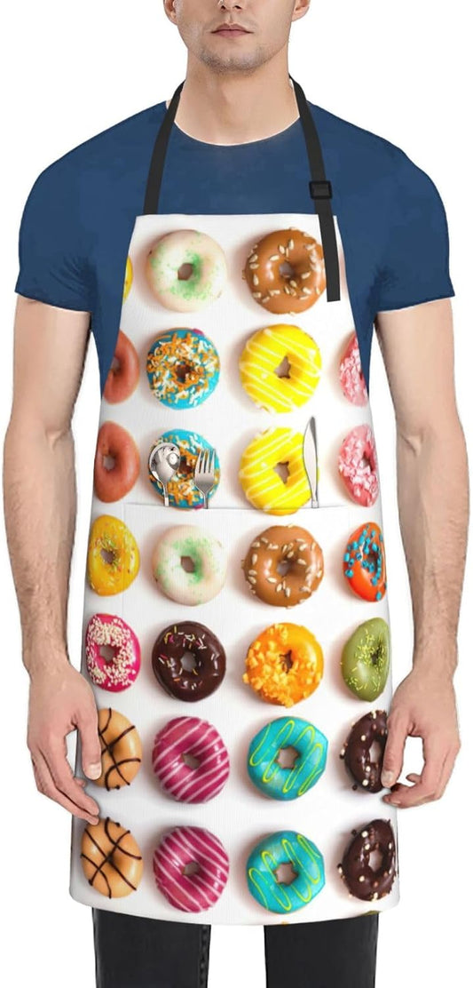 Different Flavors of Doughnuts print Waterproof apron with pocket adjustable cooking apron for adult kitchen bibs to bake