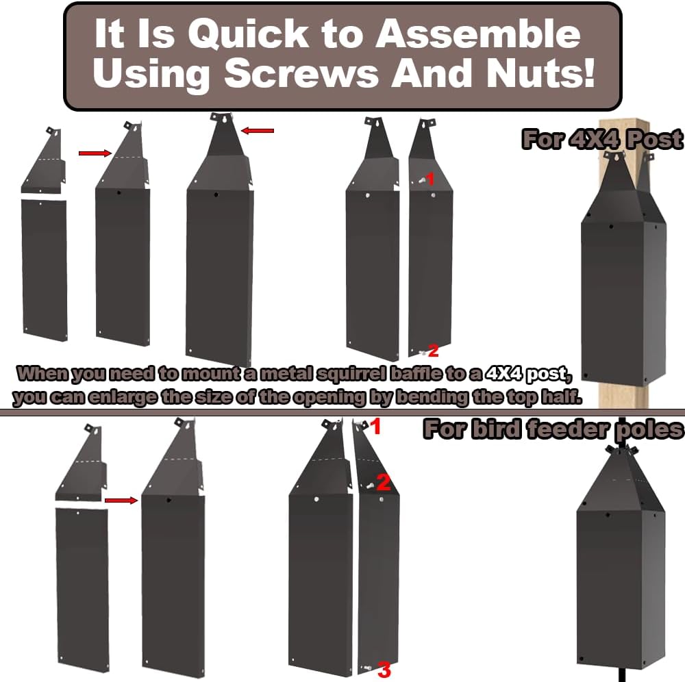 24.4Inch Metal Squirrel Baffle, Adjustable Opening Size, for Up to 4x4 Inch Wide Wooden Post, Squirrel Baffle for Bird Feeders Without Removing Bird Feeder Poles Or Shepherd's Hooks.