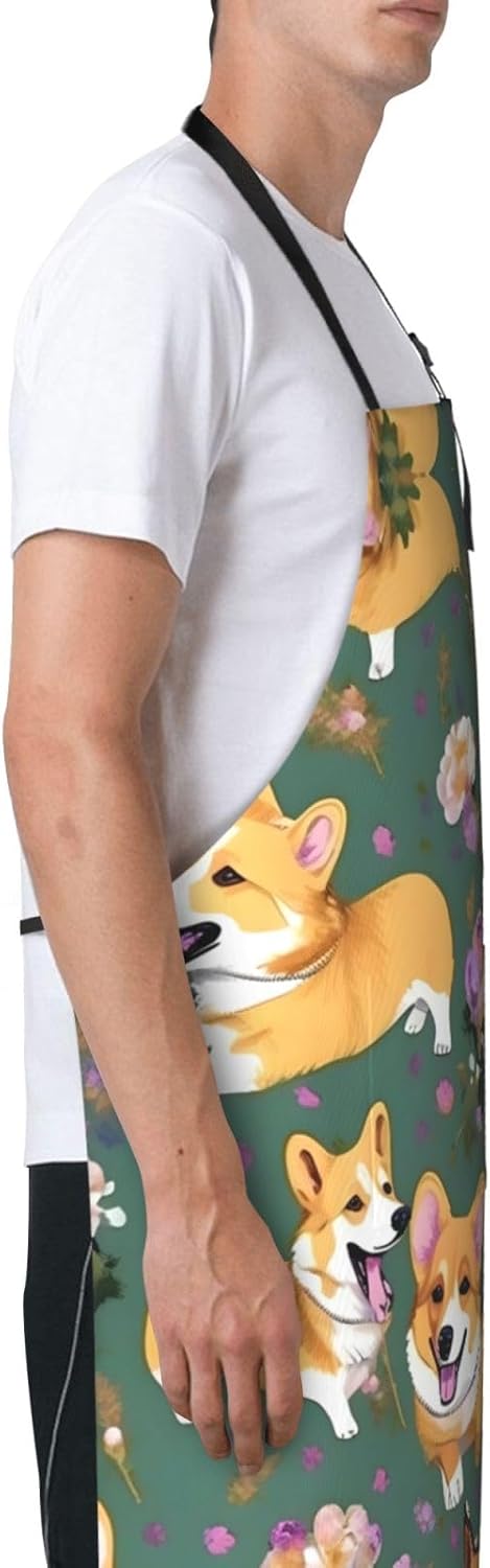 Corgi Floral Flowers Print Laundry apron 28x33 In Waterproof Kitchen Apron with Pockets for Cooking Baking