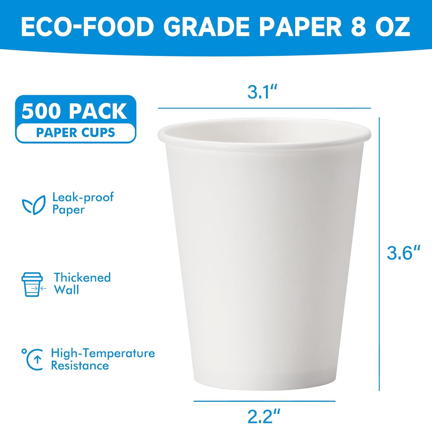 RACETOP 8 oz 500 Pack Disposable Paper Coffee Cups, Disposable Paper C