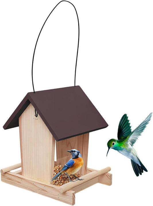 Standing Bird Feeder - Wooden Pole Design, Treat Bowl with Hanging Rope, Bird House with Stable Base, Garden Accessories, Feeding Station for Backyard Patio, 8.07 x 6.50 x 8.27 inch
