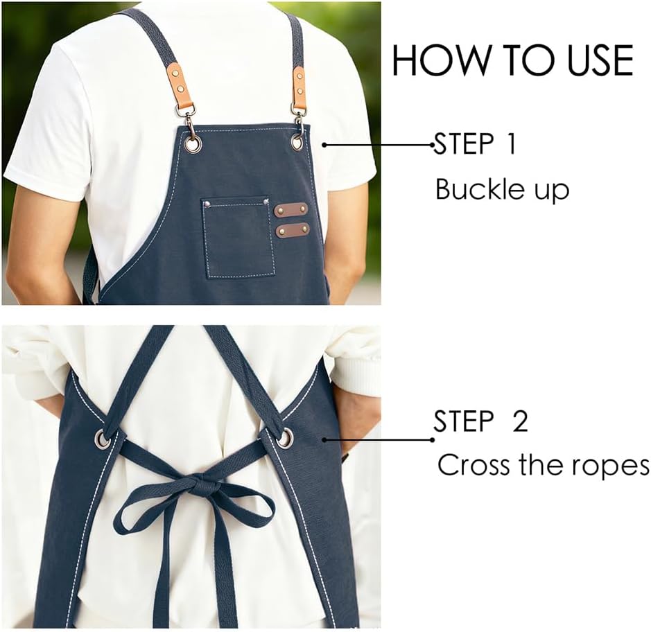 Chef Apron for Women Men with Pockets, Cotton Canvas Cross Back Adjust