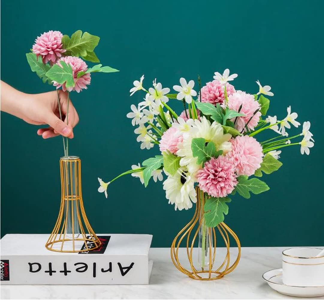 Nordic Simple Glass Clear Vase with Iron Art Frame for Hydroponic Planter, Metal Flower Vase Test Tube Pot Decorative Bottles Centerpieces for Wedding Home Décor (Gold,Gourd)