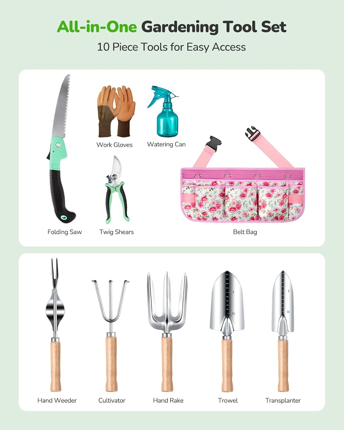 All-in-One Garden Tool Set with Tools Organizer Belt Adjustable, 10-Pi