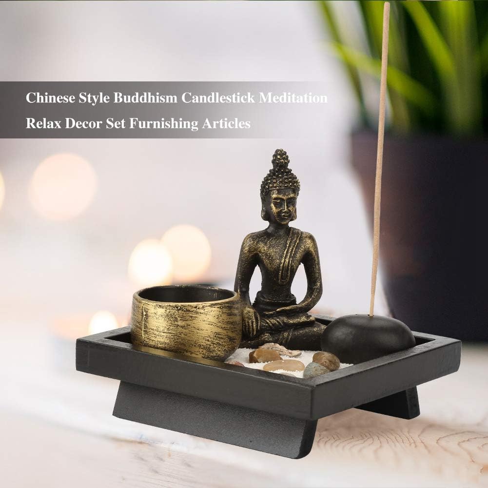 Desktop Zen Garden Kit, Mini Buddha Statue Tealight Candle Holder Ornament for Yoga Meditation Home Table Decor Gift