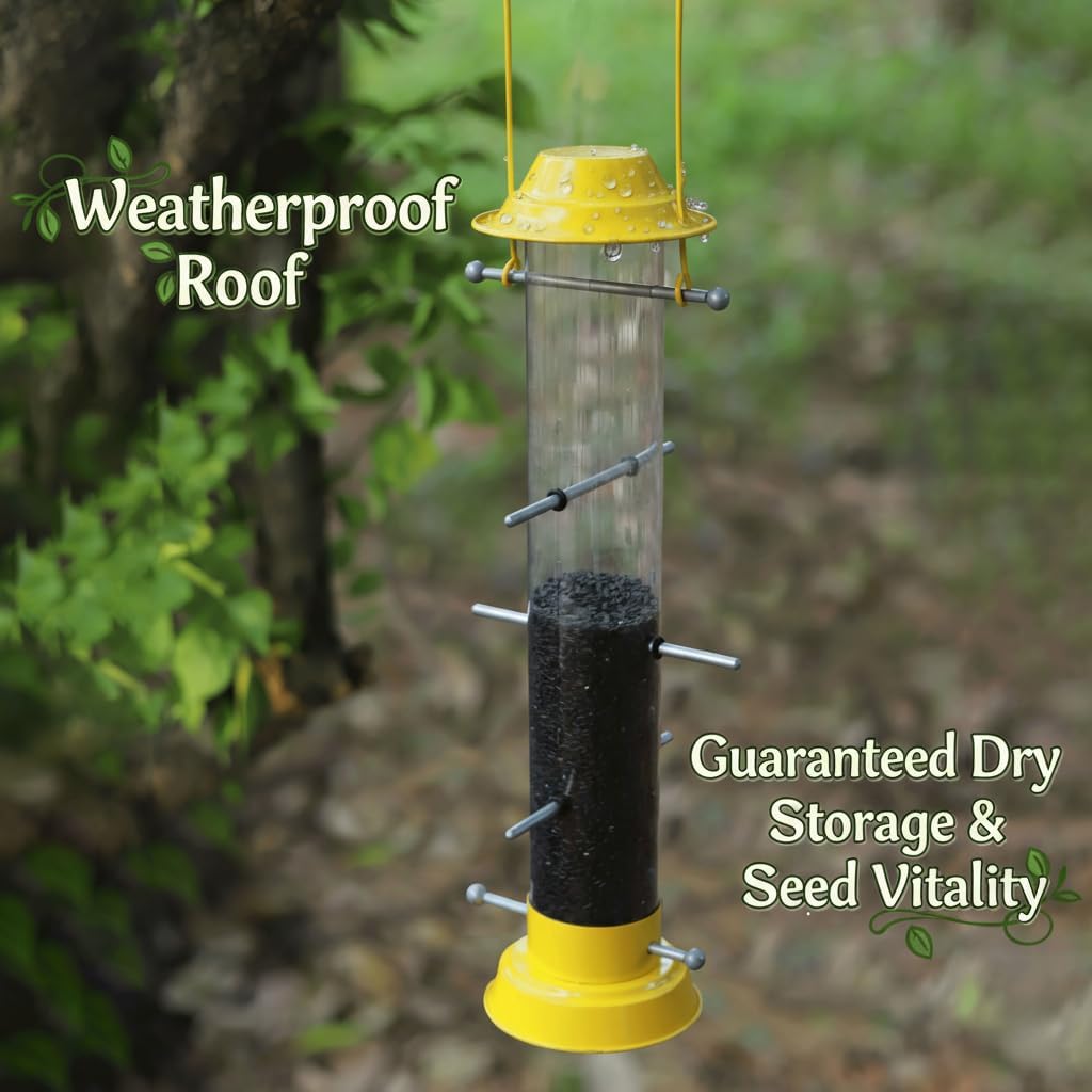 KiRuan Finch Feeders for Outside,Thistle Bird Feeders for Outdoors Hanging,22.44 Inch Tube Bird Feeder with 12 Ports and 10 Metal Perches,All Detachable Design,Easy to Refill & Clean,Yellow,1 Pack