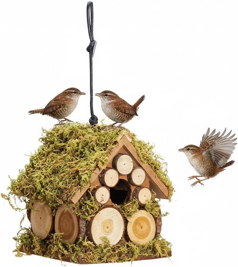 Spring Wren Bird House for Outside - Hard Wood Bird HouseNest Box for Outdoor - Moss Bird House with Cedar Rings- Gifts for Nature Lovers - Pole Mountable Bird House - 1.125" Entrance