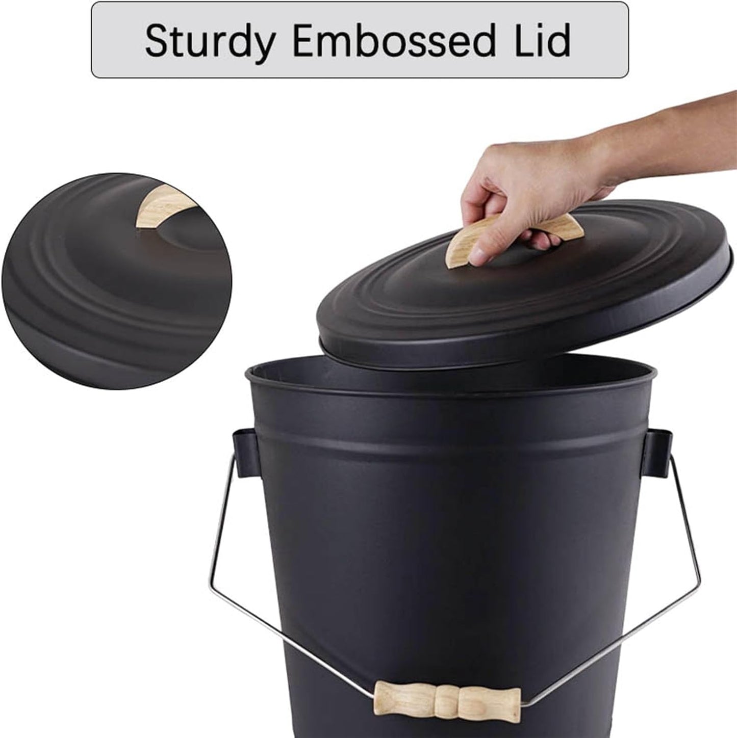 Ash Bucket with Lid and Shovel, Hand Broom and Stick, 5.2 Gallon Large Metal Ash Bucket for Fireplace Tools Set, Fire Pits, Wood Burning Stoves, Indoor and Outdoor, Camping, Grill, Black