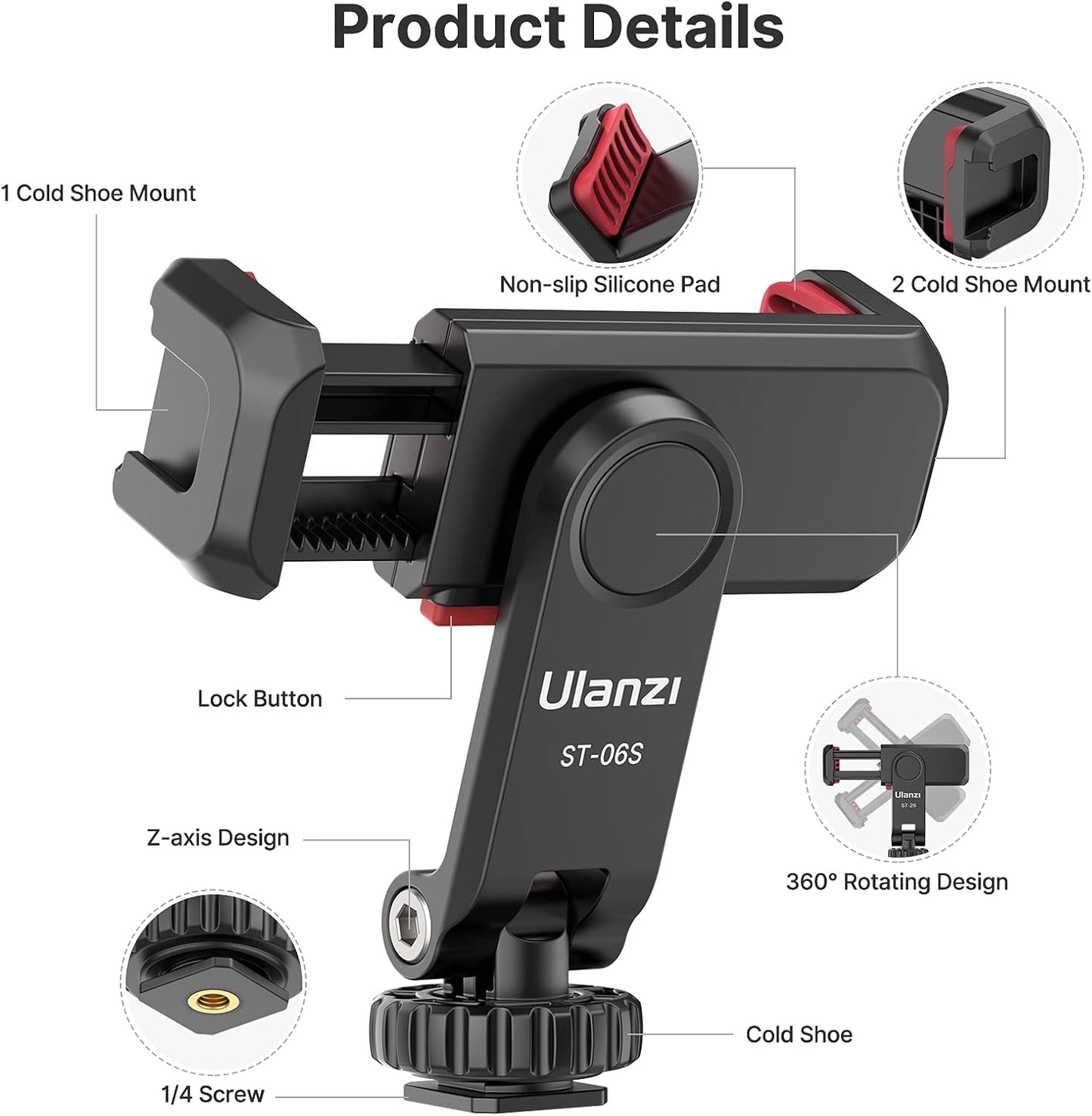 ULANZI ST-06S Phone Tripod Mount, Universal Smartphone Mount Adapter with 2 Cold Shoe, 360° Rotates Adjustable Cell Phone Clip Clamp Holder, Compatible with iPhone 17/16/15, Samsung Galaxy Cell Phones