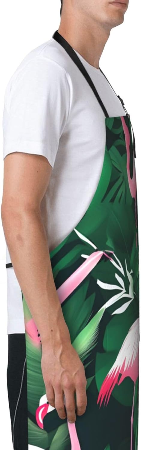 Flamingo bird green leaf print Waterproof chef's apron with pocket apron for kitchen cooking baking barbecue and gardening