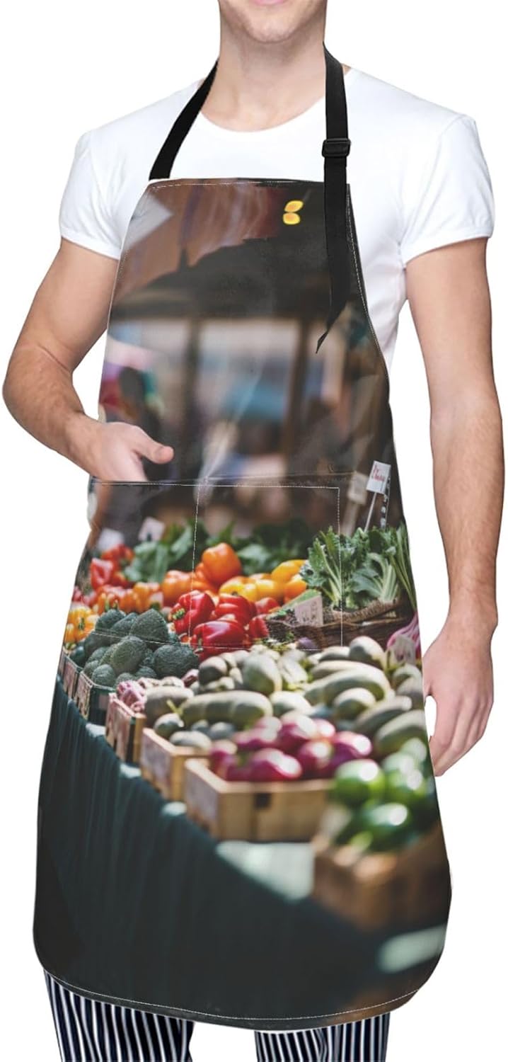 rainbow vegetable and fruit print Waterproof apron with pocket adjustable cooking apron for adult kitchen bibs to bake