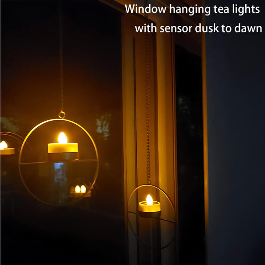 Solar Lanterns Outdoor Hanging Lights, Golden Metal Candle Holder with Solar Tea Lights Outdoor Waterproof, Solar Chandelier Ideas for Tree Gazebo Pergola Patio Garden Backyard Decor - Set of 3
