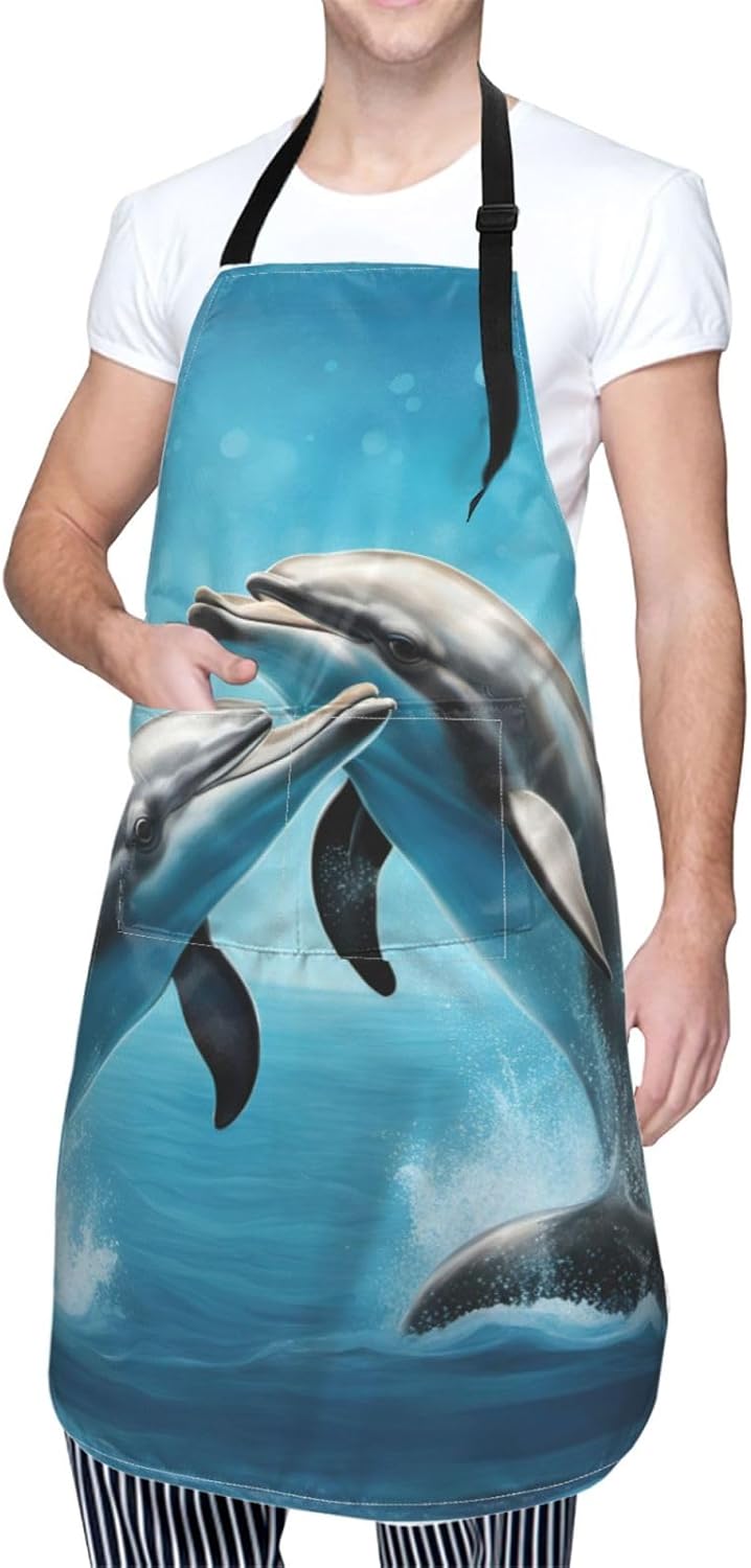 Dolphins in Love print Waterproof chef's apron with pocket apron for k