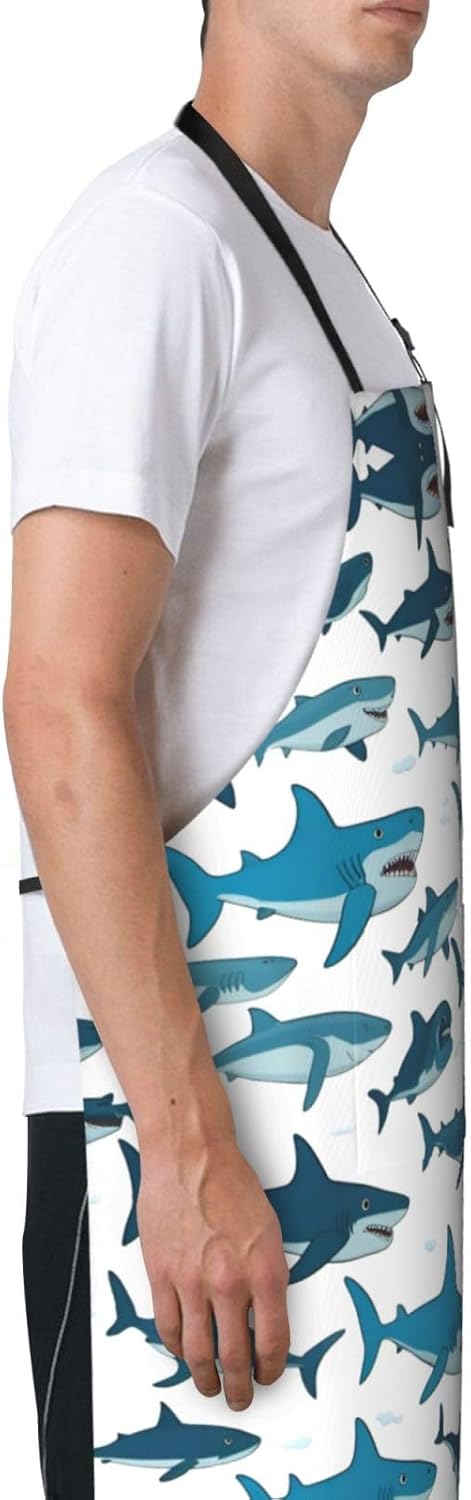 Shark Pattern with Various Gestures print Waterproof chef's apron with pocket apron for kitchen cooking baking barbecue and gardening