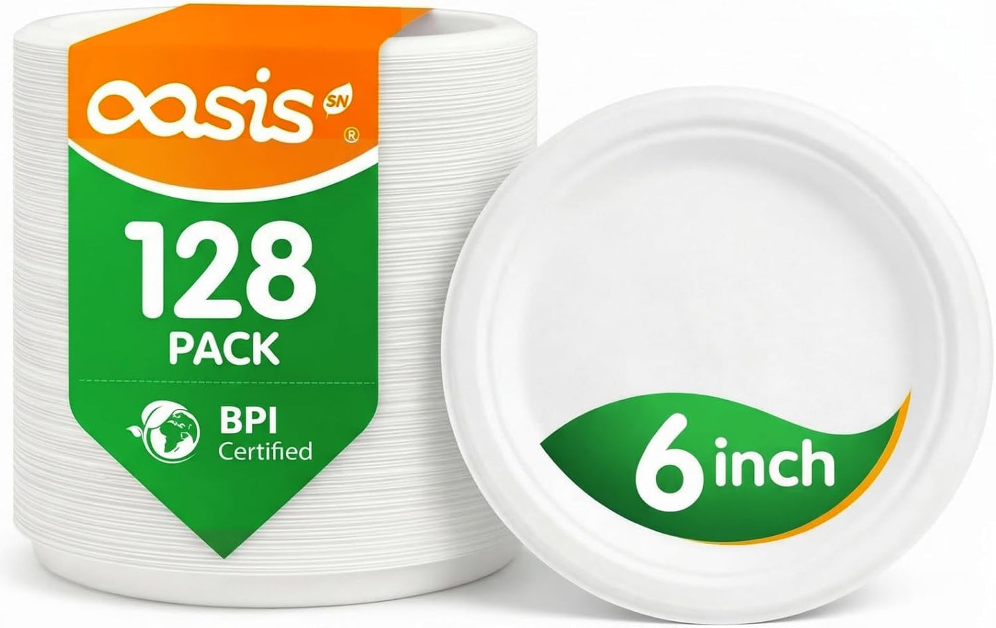 6 Inch 128 Pack Compostable Disposable Paper Plates, Small Dessert Plates, Heavy Duty Sugarcane Bagasse, Biodegradable Eco-Friendly, Perfect for Kids Meals & Parties, White