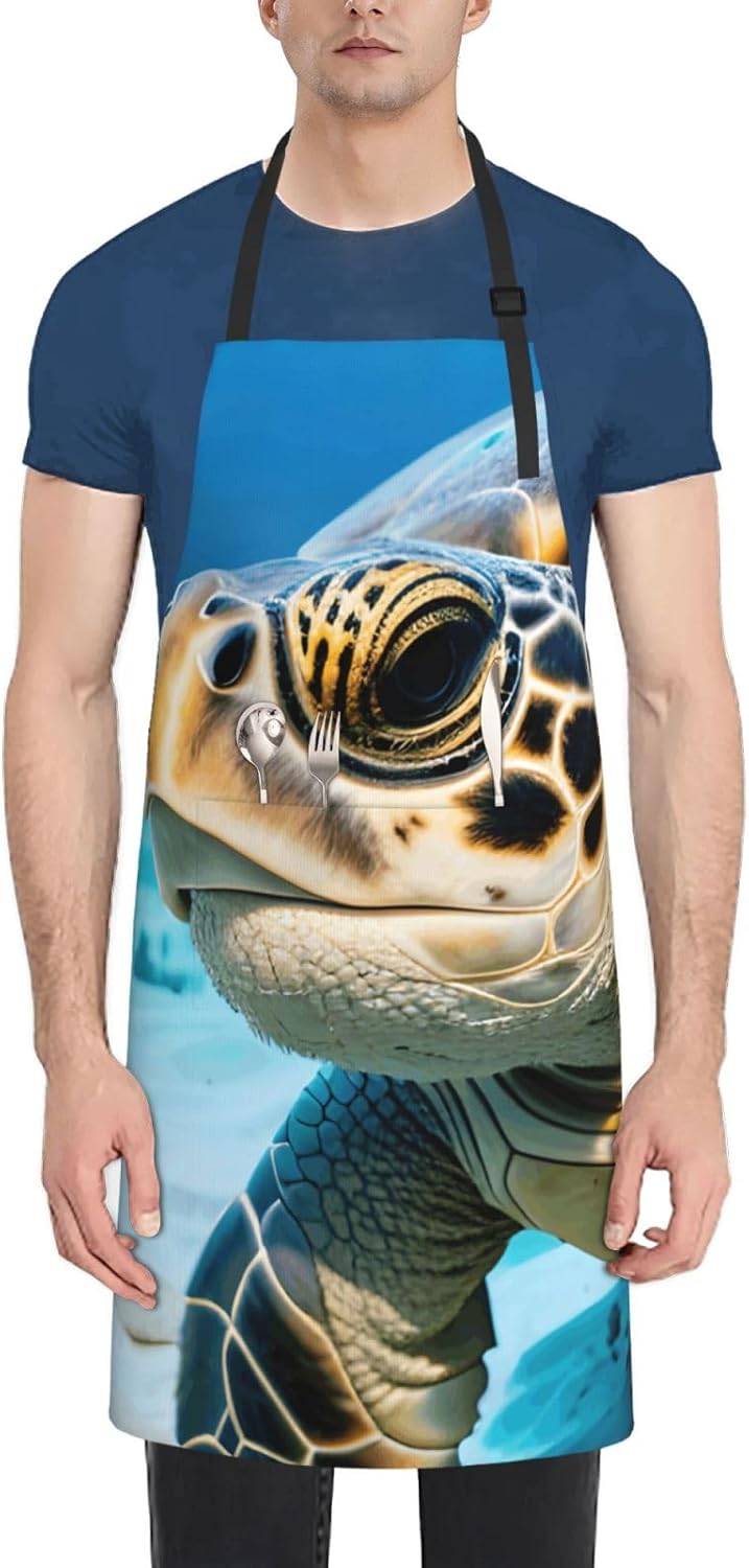 YANYU Big Sea Turtle Print 28x33 In Kitchen Apron Stylish Chef Apron with Pockets for Cooking Baking Painting