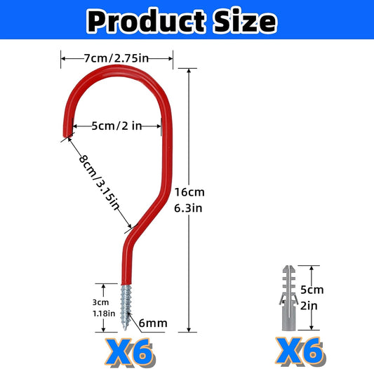 Heavy Duty Bike Hooks for Garage Ceiling - 6-Pack (Red) Storage Hooks 