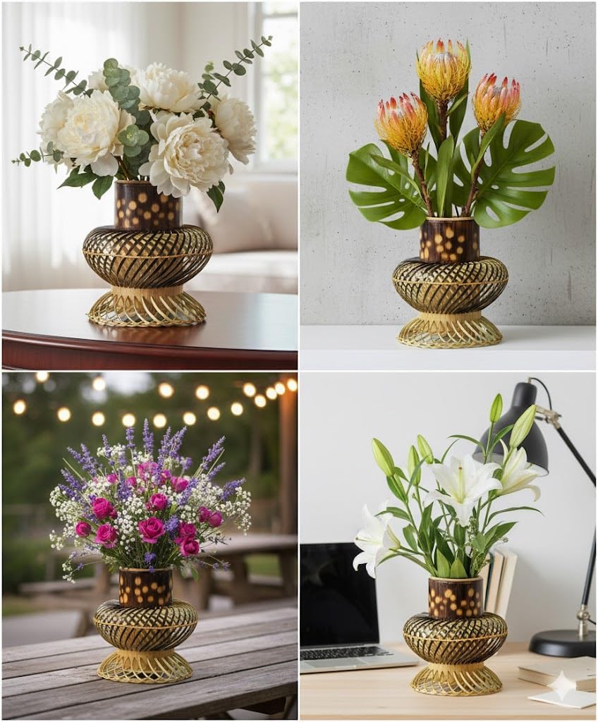 Handmade Bamboo Flower Vase - Natural Rustic Planter Pot for Indoor Outdoor Plants - Eco Friendly Farmhouse Boho Home Decor Centerpiece for Christmas Thanksgiving Idea