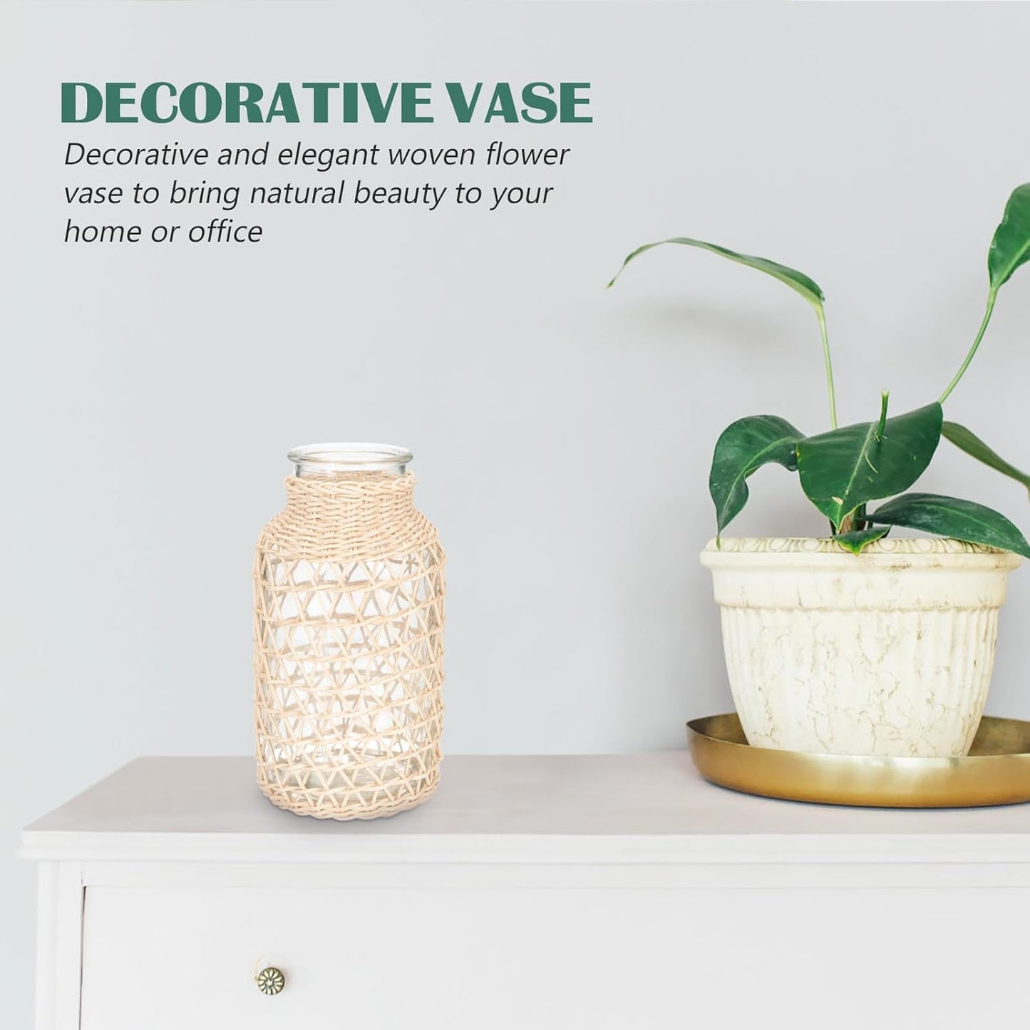 Milisten Creative Rattan Flower Vase Small Triangle Shape Indonesian White Vine Glass Plants Container Decorative Planter Pot for Living Room Boho Home Décor