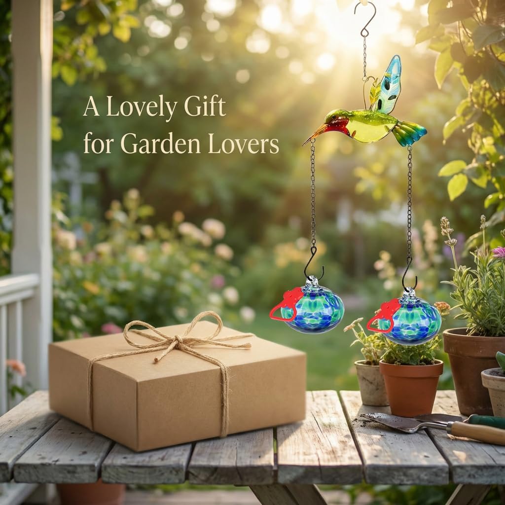 Hand Blown Glass Hummingbird Feeder–Unique Hummingbird Feeders for Outdoors Hanging with Hummingbird Orament and Upgraded Sturdy Iron Chains,Hand-Painted Art for Garden Yard Decor(Red)